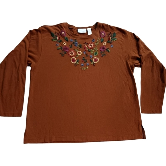 Vintage Brown Floral Embroidered Long Sleeve Crewneck Top sz XL - Picture 2 of 6